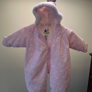 Baby pink print snowsuit size 6 to 9 months